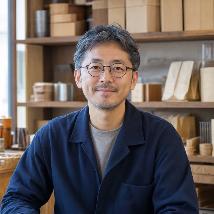 小さな店舗の作業場にいる架空の業務改善講師、岡田拓海