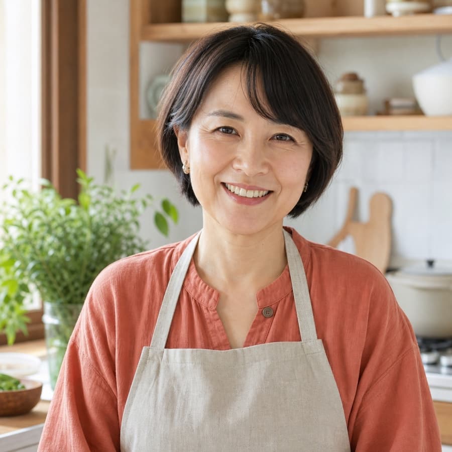 明るいキッチンにいる架空の料理講師、黒田由美